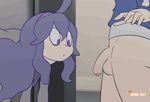  1boy 1girl ahoge animated animated_gif ass bard-bot calme_(pokemon) cum ejaculation elevator fellatio ghost hairband hat hex_maniac_(pokemon) long_hair npc_trainer oral penis pokemon pokemon_(game) pokemon_xy purple_eyes purple_hair uncensored 