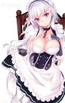  artist_name azur_lane bangs belfast_(azur_lane) black_gloves blue_eyes breasts character_name cleavage collar commentary_request corset dress eyebrows_visible_through_hair frills gauntlets gloves half_updo hand_on_own_chest haruka_natsuki head_tilt large_breasts long_hair looking_at_viewer maid_headdress open_mouth signature silver_hair skirt skirt_hold sleeveless solo white_skirt 