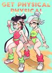  2girls :o ;d absurdres aori_(splatoon) arm_up bare_arms bare_shoulders black_hair blue_background breasts clenched_hand colo_(nagrolaz) cousins domino_mask earphones earrings english eyebrows full_body green_leotard groin hairband highleg highleg_leotard highres hoop_earrings hotaru_(splatoon) jewelry legs leotard long_hair looking_at_viewer mask mole mole_under_eye multiple_girls one_eye_closed open_mouth orange_eyes pink_leotard pointy_ears pouch shoes short_eyebrows silver_hair simple_background small_breasts smile sneakers socks splatoon_(series) squatting sweatdrop symbol-shaped_pupils tentacle_hair text_focus tied_hair wristband 