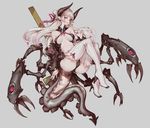  ass bangs black_bra black_panties boots bra breasts breasts_apart claws closed_mouth commentary demon_girl demon_horns demon_tail detached_sleeves extra_eyes grey_background hair_ribbon horns large_breasts long_hair looking_at_viewer neck_ribbon original panties pink_ribbon ribbon saimon_ma simple_background solo tail thigh_boots thighhighs underwear white_footwear white_hair white_legwear yellow_eyes 