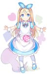  alice_(wonderland) alice_in_wonderland apron bangs blonde_hair blue_dress blue_eyes blue_footwear blue_hairband blue_ribbon blush closed_mouth club_(shape) collared_dress diamond_(shape) dress eyebrows_visible_through_hair full_body hair_between_eyes hair_ribbon hairband heart kurasuke long_hair looking_at_viewer mary_janes original outstretched_arms pantyhose pocket puffy_sleeves ribbon shoes smile solo spade_(shape) spread_arms standing very_long_hair white_apron white_background white_legwear wrist_cuffs 