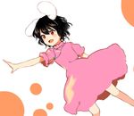  :d animal_ears black_hair blush bunny_ears carrot_necklace dress inaba_tewi open_mouth outstretched_hand pink_dress red_eyes short_hair smile touhou v-shaped_eyebrows wavy_hair yururi_nano 