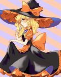  blonde_hair blush bow braid breasts candy commentary_request dress food halloween hat hat_bow kirisame_marisa large_hat licking lollipop long_skirt medium_breasts puffy_sleeves sash side_braid single_braid skirt skirt_hold skirt_set solo touhou wavy_hair witch_hat yellow_eyes yururi_nano 