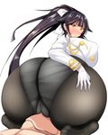  1boy 1girl ass azur_lane black_hair black_legwear blush breasts cameltoe face_sitting from_behind gloves hair_ornament hair_ribbon hand_on_own_ass hetero huge_ass kneeling large_breasts long_hair long_ponytail looking_at_viewer looking_back no_pants no_shoes orange_eyes panties panties_under_pantyhose pantyhose ponytail ribbon sera_tooru simple_background sitting_on_face sitting_on_person soles solo_focus takao_(azur_lane) underwear uniform white_background white_gloves white_panties 