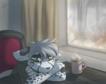  anthro beverage chair cheetah coffee crossed_arms cup curtains ears_down feline fur green_eyes grey_hair hair home looking_away lying male mammal raining ripli sad spots spotted_fur steam synth_(hfd4) table tired tree white_fur window 