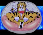  big_breasts blush breasts clam clothed clothing feline hypnofood internal mammal open_mouth sascha sitting solo thick_thighs tiger vore 