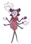  2017 3_fingers anthro arachnid arthropod black_eyes black_hair bow clothing cup doughnut dress english_text fangs food grey_skin hair holding_object laugh muffet multi_arm multi_limb open_mouth pose short_hair solo spider standing tea_cup teapot text undertale video_games weeeeps weepfish 