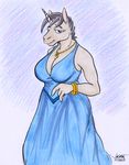  2017 anthro black_hair blue_eyes bracelet breasts cleavage clothed clothing dress equine female hair horn jewelry looking_at_viewer mammal necklace pencil_(artwork) portrait rabbi-tom simple_background slightly_chubby smile solo standing three-quarter_portrait traditional_media_(artwork) unicorn 