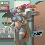  2017 anthro anthrofied areola breasts clothed clothing clothing_lift dialogue door english_text equine female friendship_is_magic hair inside kevinsano mammal multicolored_hair my_little_pony nipples pegasus solo spread_wings text two_tone_hair windy_whistles_(mlp) wings 