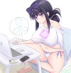  1girl arm_under_breasts bags_under_eyes barefoot black_hair blunt_bangs blush bow breasts cameltoe cellphone chicken_tatsumaki_curry closed_mouth collarbone commentary_request computer cookie_(touhou) covered_nipples electric_fan folded_ponytail frown full_body hair_bow highres laptop large_breasts long_hair manatsu_no_yo_no_inmu medium_bangs mole mole_under_eye mouse_(computer) muffin_top navel no_pants off_shoulder panties phone plump purple_bow shirt short_sleeves shunga_youkyu side-tie_panties sidelocks sitting smartphone soles solo split_mouth star_sapphire stray_pubic_hair table takuya_(acceed) tissue tissue_box touhou trash_can underwear used_tissue white_panties white_shirt 
