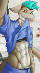  abs anthro blue_hair brown_hair clothed clothing clothing_lift cyan_hair fangs fish grey_skin hair looking_at_viewer male marine muscular obliques pants saruuk selfie shark shirt shirt_lift shirt_up smile solo standing teeth underwear yellow_eyes 