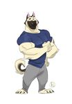  2017 anthro barefoot biceps big_muscles brown_fur canine claws clothed clothing digital_media_(artwork) dog flexing fur furrybob german_shepherd hi_res kayne_lewis looking_at_viewer male mammal markings muscular muscular_male pants shirt simple_background smile solo standing toe_claws toes triceps white_background yellow_fur 