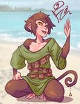  2017 4_toes 5_fingers amber_eyes anthro bare_shoulders barefoot beach bell biped blep blurred_background bottomless breasts brown_fur brown_hair brown_tail cleavage clothed clothing collarbone countershade_face countershade_torso countershading crouching curled_tail digital_drawing_(artwork) digital_media_(artwork) dungeons_&amp;_dragons fa_(zeratanus) fanny_pack female front_view full-length_portrait fur gesture green_clothing green_topwear hair hand_on_leg light_skin looking_at_viewer mammal medium_breasts monkey oversized_clothing oversized_shirt pink_tongue portrait prehensile_feet prehensile_tail primate sand sea seaside shadow short_hair signature slim smile solo tan_countershading tan_skin toes tongue tongue_out url vanara water waving zeratanus 