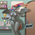  2017 anthro anthrofied areola breasts dialogue door english_text equine female friendship_is_magic hair inside kevinsano mammal multicolored_hair my_little_pony navel nipples nude pegasus solo spread_wings text two_tone_hair windy_whistles_(mlp) wings 
