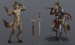  animal_genitalia anthro armor balls blue_eyes brown_fur canine chainmail digitigrade ear_piercing eyes_closed fur male mammal melee_weapon nomax nude open_mouth pawpads piercing sheath solo sword weapon wolf 