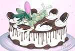  5_fingers blue_eyes blush cake collar food fur green_fur green_hair hair inoby lagomorph male mammal mint nude oreo paws rabbit 