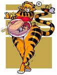  belly belly_dancer big_belly big_breasts blush bottomless breasts clothed clothing dancing digestion duo feline human hypnofood mammal sascha standing thick_thighs tiger toony vore wide_hips 