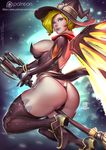  1girl ass back blonde_hair breasts broom butt_crack flying hat hips huge_ass in_air large_ass mercy_(overwatch) nipple overwatch short_hair solo thick_thighs thighs thong wide_hips witch 