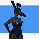  2023 absurd_res anthro avian beak big_breasts bird black_beak black_body black_feathers blue_eyes breast_squish breasts bunny_costume cayugo clothed clothing connie_(cayugo) corvid corvus_(genus) costume crow digital_media_(artwork) eyelashes eyeshadow fake_ears fake_rabbit_ears feathers female fingers hair hand_on_hip hi_res legwear looking_at_viewer makeup navel navel_outline non-mammal_breasts oscine passerine rubber rubber_clothing rubber_suit signature simple_background solo squish standing stockings thick_thighs tight_clothing unimpressed 