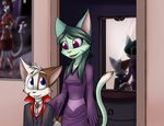  2017 5_fingers absurd_res anthro being_watched black_nose blue_eyes breasts cat clothed clothing costume creepy cute digital_drawing_(artwork) digital_media_(artwork) dreamkeepers duo feline female fur green_fur green_hair hair halloween hi_res holidays humanoid_hands lilith_calah looking_at_viewer looking_back mace_(dreamkeepers) male mammal mancoin mirror nightmare_fuel open_mouth purple_eyes reflection small_breasts smile soul_devouring_eyes standing teeth tongue white_fur 