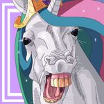  2014 alternate_form crown digital_media_(artwork) equine female feral friendship_is_magic hair headshot_portrait horn looking_at_viewer mammal merumeto multicolored_hair my_little_pony nightmare_fuel open_mouth portrait princess_celestia_(mlp) purple_eyes simple_background solo teeth tiara tongue unicorn 