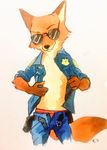  2017 anthro belt canine clothed clothing disney fox fur male mammal markings monmokamoko multicolored_fur nick_wilde open_shirt orange_fur police_uniform socks_(marking) solo standing undressing uniform zootopia 