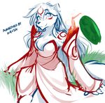  2017 anthro breasts canine chest_tuft cleavage clothed clothing dress facial_markings female fire fur hair keidran leaf long_hair mammal markings raine_(twokinds) restricted_palette robes simple_background sketch smile solo tom_fischbach tuft twokinds video_games webcomic white_background wolf ōkami 
