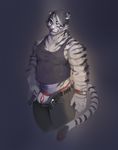  anthro belt bulge clothed clothing feline fur hair julicat looking_at_viewer male mammal musclegut pants shirt smile solo standing striped_fur stripes tank_top tiger underwear unzipped white_tiger 