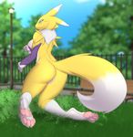  2017 anthro breasts butt claws clothing colored detailed_background digimon female fluffy fluffy_tail fur kneeling looking_back nude outside pawpads pose pussy renamon solo zoyler 