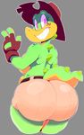  2017 anthro big_breasts big_butt breasts butt clothed clothing croc_(vimhomeless) crocodile crocodilian eyelashes female gloves hat huge_butt looking_at_viewer looking_back reptile scalie shorts side_boob simple_background smile solo teeth thick_thighs topless v_sign vimhomeless wide_hips 