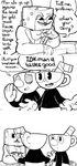  animate_inanimate bakanohealthy_(artist) biped bow_tie clothing cup cuphead_(character) cuphead_(game) english_text facial_hair gloves humanoid humor king_dice male mugman mustache not_furry object_head open_mouth smile straw text what 