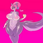  2017 anthro belly beverage big_breasts big_nipples big_tail big_thighs biped black_nose bow breasts canine character_name digital_media_(artwork) erect_nipples female fox front_view fur gradient_background grey_eyes grey_fur grey_tail hair hair_bun holding_glass holding_object huge_breasts huge_hips huge_thighs long_tail looking_at_viewer mammal multicolored_fur multicolored_tail navel nipples nude pink_hair pink_nipples pokebii portrait pussy sami_(pokebii) simple_background slightly_chubby solo standing thick_thighs three-quarter_portrait two_tone_fur two_tone_tail voluptuous wide_hips 