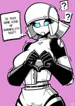  ? blackbolt blue_eyes breasts clothing dialogue fan_character female gloves hand_on_breast machine millie not_furry robot simple_background solo white_body 