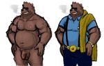  balls bear belly chariot clothing eyewear flaccid glasses hand_on_hip indigo_(chariot) male mammal multiple_versions musclechub musclegut muscular off/on overweight pants penis shirt smile smoking solo unknown_artist 