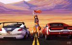  2017 anthro barefoot breasts canine car clothed clothing denim_shorts desert detailed_background digital_media_(artwork) digitigrade dodge_(disambiguation) dodge_charger electronic_arts female fox fur holding_object mammal midriff need_for_speed nissan nissan_350z orange_fur pidgeon_toed race shorts solo speedhunters standing vehicle voltex watermark waving wolfirry 