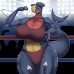  5_fingers anthro big_breasts bra breasts clothed clothing female fighting_ring flexing garchomp gradient_background hi_res huge_breasts joanne lens_flare light looking_at_viewer megustalikey microphone muscular muscular_female muscular_thighs nintendo pok&eacute;mon pok&eacute;mon_(species) simple_background solo spikes thick_thighs underwear video_games 