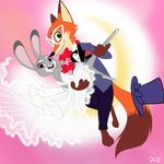  2017 anthro barefoot canine clothing dipstick_tail disney dress duo female fox fur gradient_background green_eyes hat hi_res holding_character inner_ear_fluff judy_hopps lagomorph leg_grab looking_at_viewer male mammal multicolored_tail nick_wilde open_mouth open_smile purple_eyes rabbit simple_background skeletonguys-and-ragdolls smile top_hat tuxedo wedding_dress zootopia 