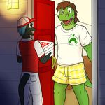  alligator anthro boxers_(clothing) building clothing crocodilian delivery door duo food fraternity fuze hat hi_res house male night pizza reptile scalie snake story story_in_description underwear 