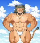  2017 abs anthro arslan biceps bikini clothing facial_hair feline grumpyfloof hair huge_muscles lion looking_at_viewer male mammal muscular nipples pecs signature smile solo swimsuit thong tokyo_afterschool_summoners 