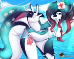  5_fingers anthro blue_eyes blue_tongue breasts cetacean clothed clothing day detailed_background digital_media_(artwork) eyelashes female fin gradient_hair hybrid mammal marine nipples orca outside rainbowscreen sky smile solo topless water whale wide_hips 