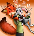  ! &lt;3 2017 anthro canine carrot clothing dipstick_tail disney duo english_text eyes_closed female food fox fur gradient_background grey_fur hi_res hug hugging_from_behind judy_hopps lagomorph male mammal multicolored_tail nick_wilde open_mouth orange_fur peanut.k purple_eyes rabbit simple_background smile surprise tattoo text vegetable zootopia 