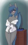  2017 anthro areola areola_slip bat_pony bat_wings blue_hair blush breasts camel_toe cleavage clothed clothing equine fan_character female hair hairband looking_at_viewer mammal membranous_wings my_little_pony nude panties robe skecchiart slit_pupils solo tsundere underwear undressing wings 