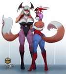  ambiguous_gender big_breasts big_butt breasts butt canine clothed clothing cosplay crossdressing crossplay darkstalkers duo female footwear fox green_eyes high_heels huge_breasts lillith looking_at_viewer looking_back mammal morrigan rifthebit shoes unitypressdigital video_games 