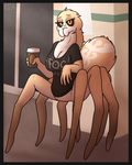  abdomen arachnid arthropod beverage breasts caduceus cleavage clothed clothing coffee kea_(artist) multi_leg multi_limb nurse_clarissa solo spider tagme tee_shirt tired 