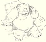  anthro bear belly better_version_at_source boxers_(clothing) cellphone clothing garouzuki high_angle-view male mammal overweight phone shirt sitting slightly_chubby solo tank_top underwear 