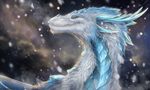  blue_scales detailed_background digital_media_(artwork) dragon feral fur furred_dragon green_eyes horn isvoc scales snow solo white_fur 