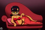  2017 anthro black_hair bottomless breasts brown_fur cat claws cleavage clothed clothing dr._chaos fangs feline female fur furniture green_eyes hair half-closed_eyes lingerie looking_at_viewer mammal mature_female mother mrs._katswell nickelodeon parent pillow pussy sofa solo t.u.f.f._puppy 