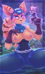  2017 angela_cross anthro areola blue_eyes bodysuit breasts clothing digital_media_(artwork) dimwitdog female gloves gun hi_res holding_object holding_weapon lombax looking_at_viewer mammal nipples ranged_weapon ratchet_and_clank skinsuit solo thick_thighs tight_clothing video_games weapon 