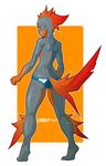  2016 5_fingers anthro athletic back_muscles barefoot biped black_pupils breasts butt claws clothed clothing croxot_(artist) eyebrows eyelashes female fin fish full-length_portrait gills grey_scales hairless head_fin humanoid_hands looking_at_viewer looking_back marine multicolored_scales naughty_face orange_background partially_clothed piranha piraya_piranha portrait pose rear_view red_eyes red_scales scales scar simple_background skimpy smile solo standing tail_fin teeth tiptoes topless two_tone_scales white_background wide_hips 