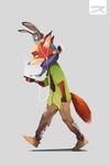  2:3 absurd_res anthro black_eyes canine carrot_pen cellphone clothed clothing disney duo earbuds female footwear fox fur green_eyes grey_fur hawaiian_shirt headphones hi_res holding_object holding_phone judy_hopps lagomorph male mammal nick_wilde on_shoulders orange_fur pants phone purple_eyes rabbit shirt shoes simple_background suyaknow toony walking zootopia 